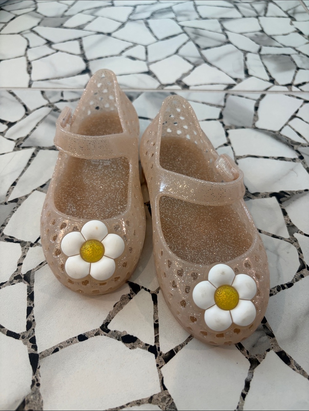 Old Navy Glitter Jelly Mary Jane Sandals with White Daisy Accent - Beige